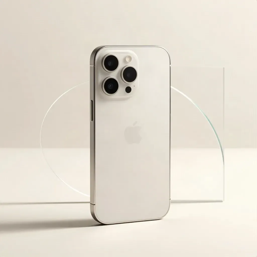 Pale silver iPhone 15 na světlém pozadí s obloukem skla a stínem kabelu.