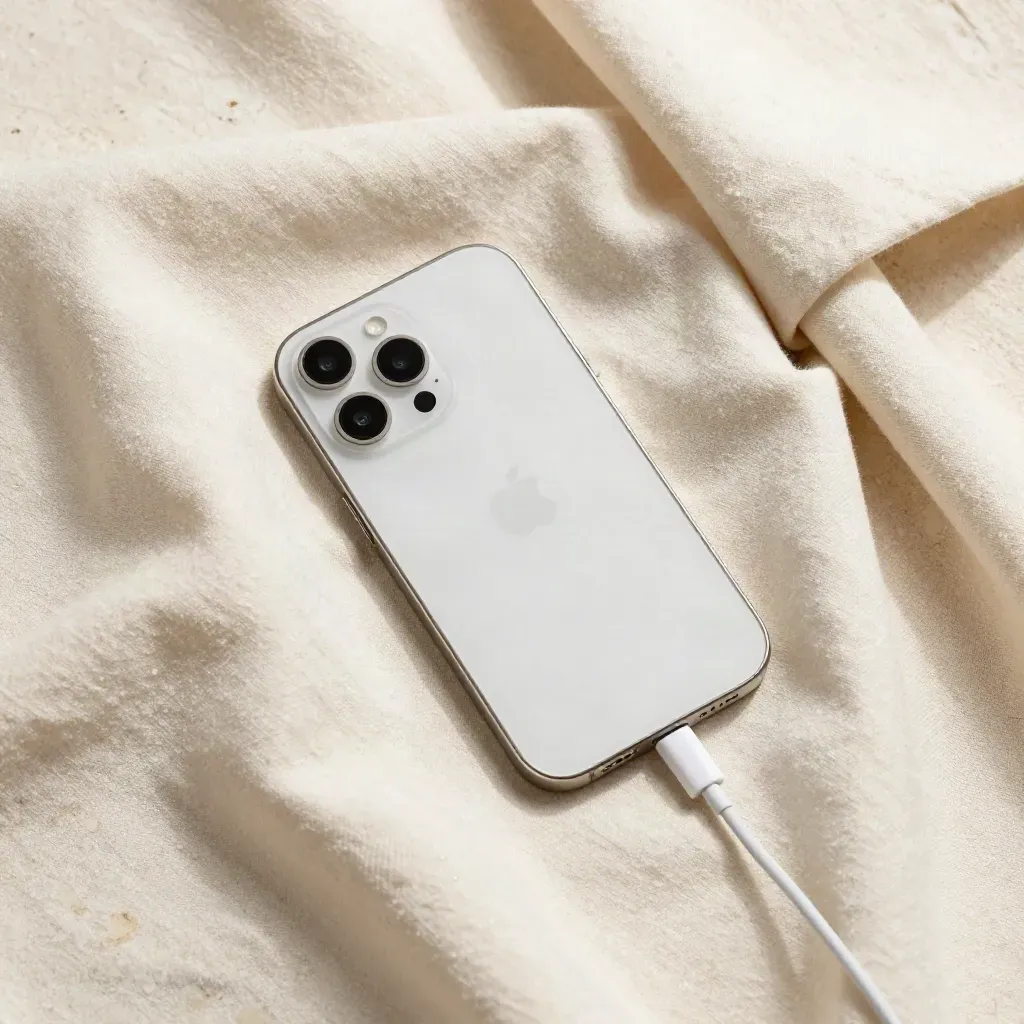 Shora snímek repasovaného iPhonu 13 v krémové látce s bílým kabelem.