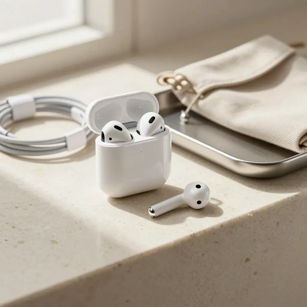 Otevřené AirPods 4 s pouzdrem, kabelem a látkovým pouzdrem na světlém kameni.