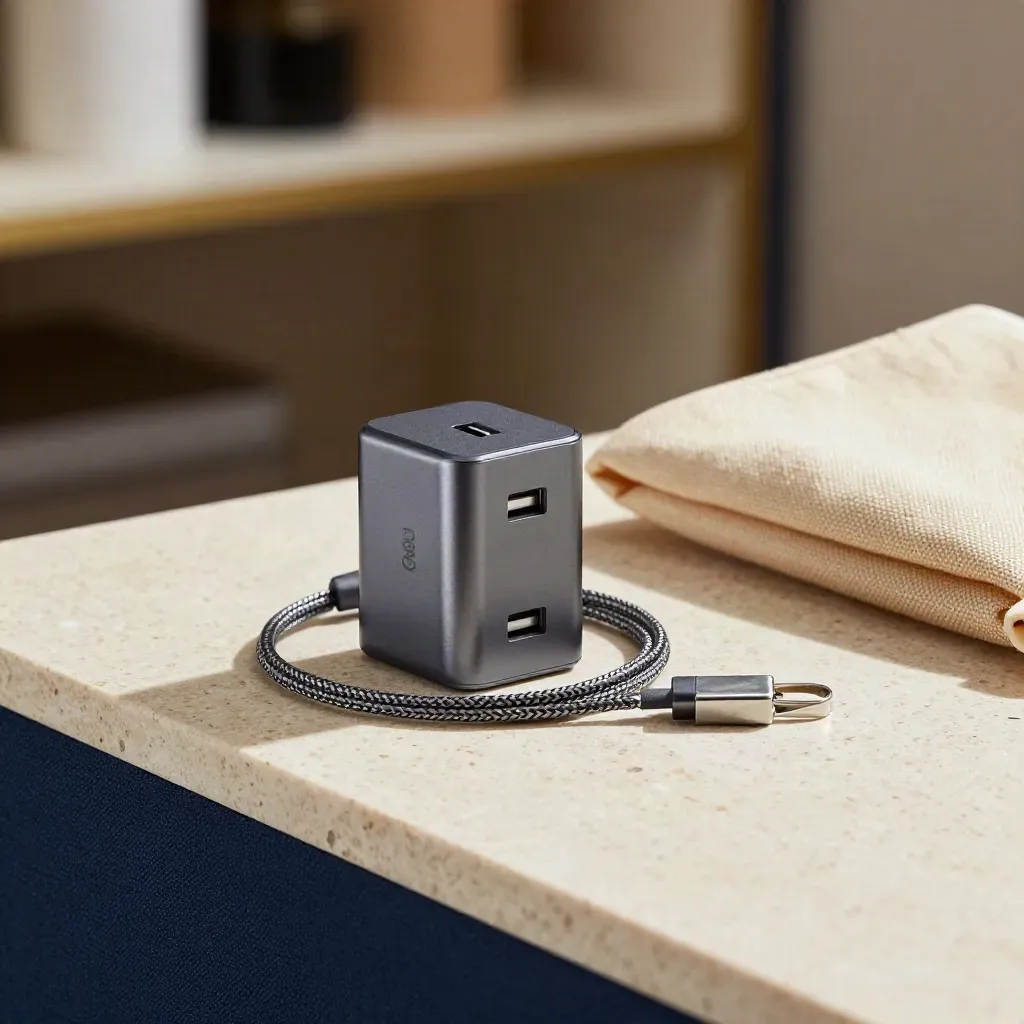 Kompaktní USB-C GaN nabíječka s opleteným kabelem na travertinové polici.