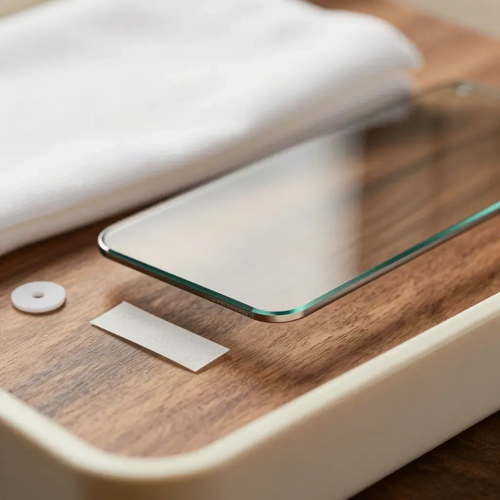 Makro tvrzeného skla pro iPhone 15 s utěrkou a distančními podložkami na světlém podkladu.