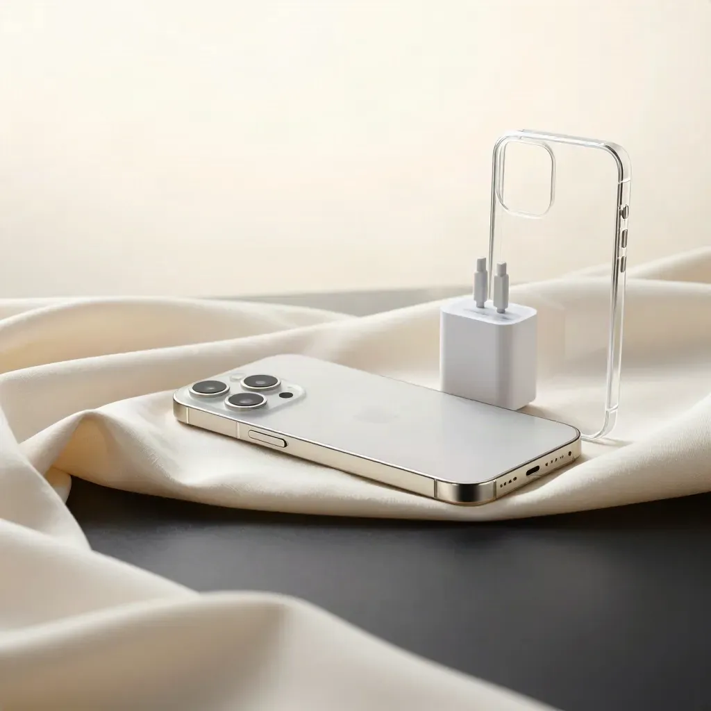 Repasovaný iPhone 14, nabíječka a průhledné pouzdro v krémové látce na tmavém podkladu.