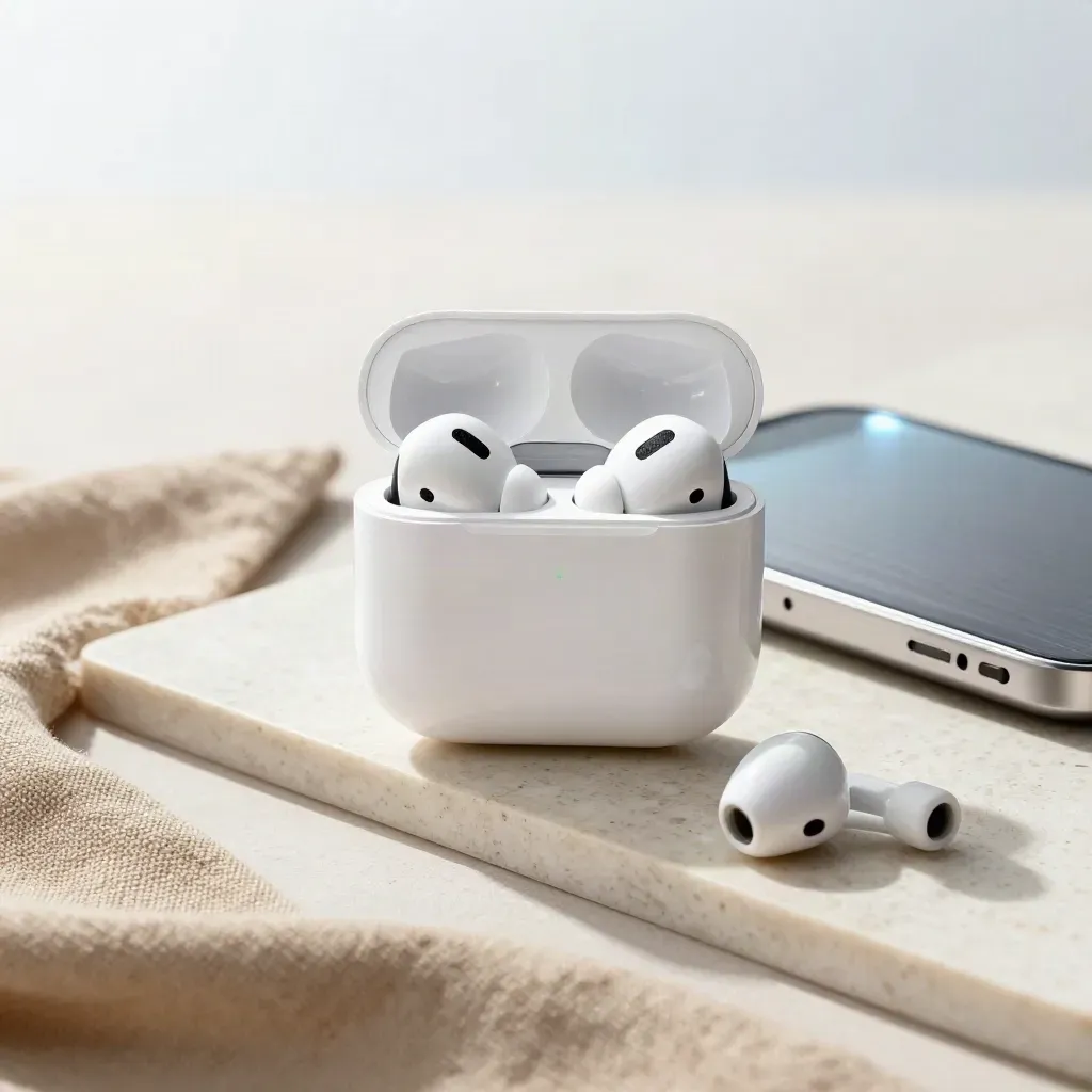 Otevřené AirPods Pro v USB-C pouzdře, vedle náhradní silikonové nástavce na světlém kameni.