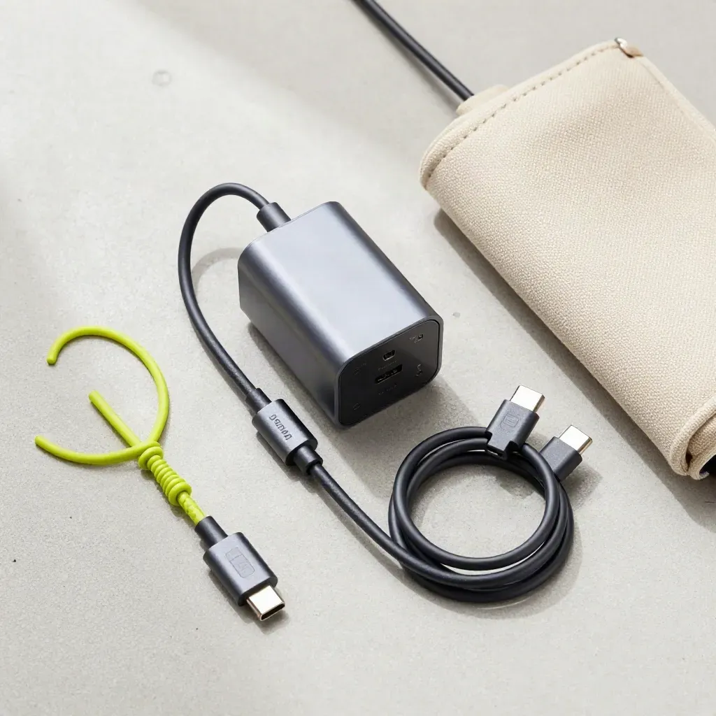 USB-C GaN nabíječka se dvěma opletenými kabely a cestovním pouzdrem na betonu.