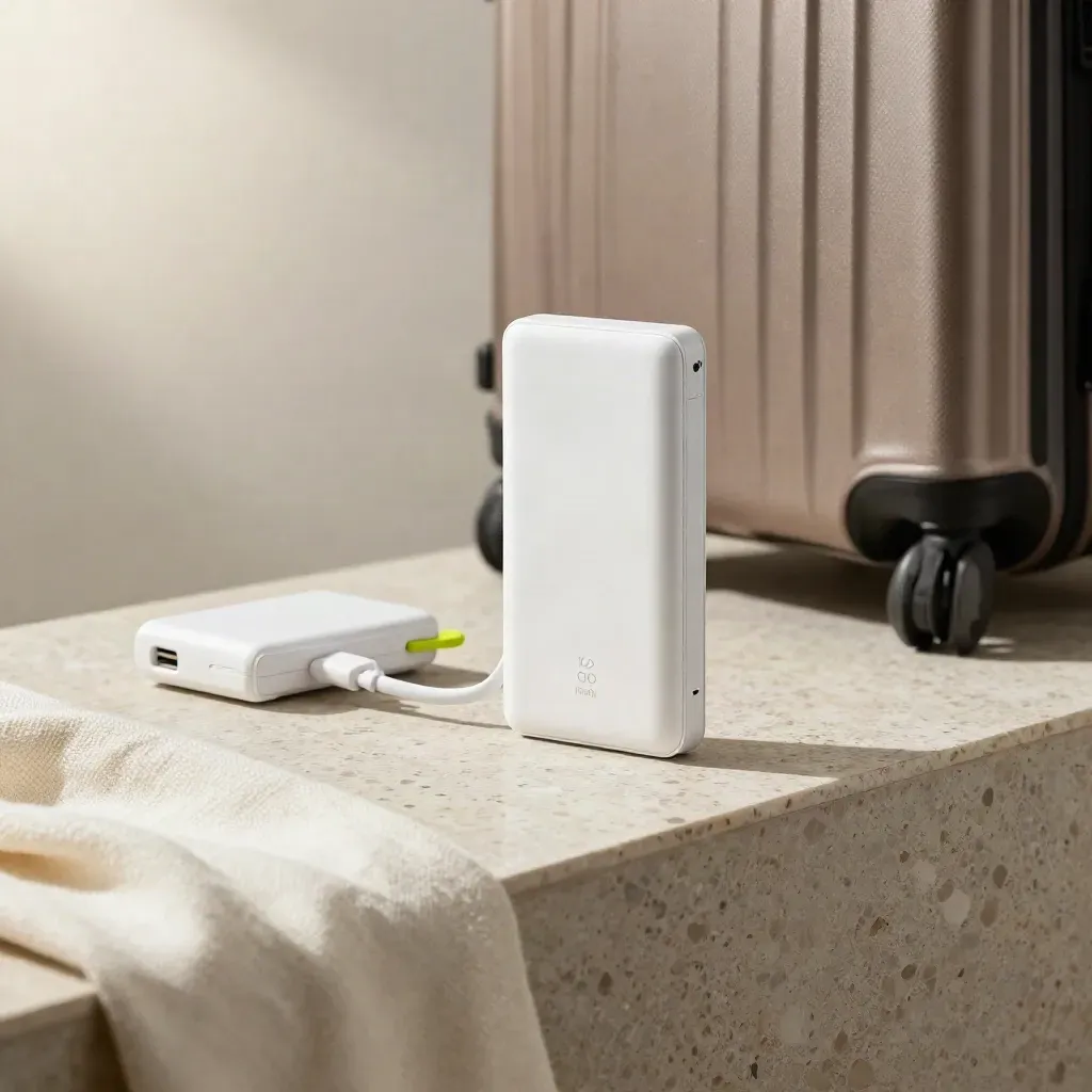 Matná bílá powerbanka s USB-C kabelem a cestovním pouzdrem na travertinu.